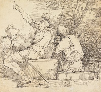 Three Soldiers in Armor Sitting on Stone Blocks by John Hamilton Mortimer